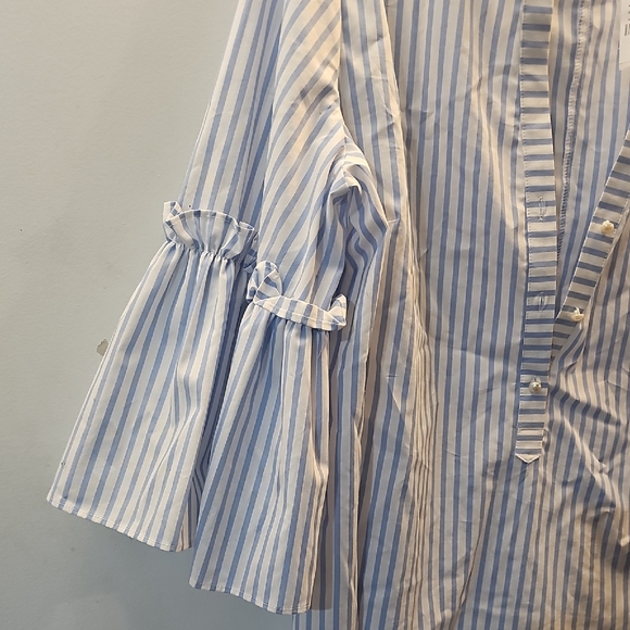 Zara Striped Blue and White Blouse with Ruffled Sleeves - Picture 3 of 10